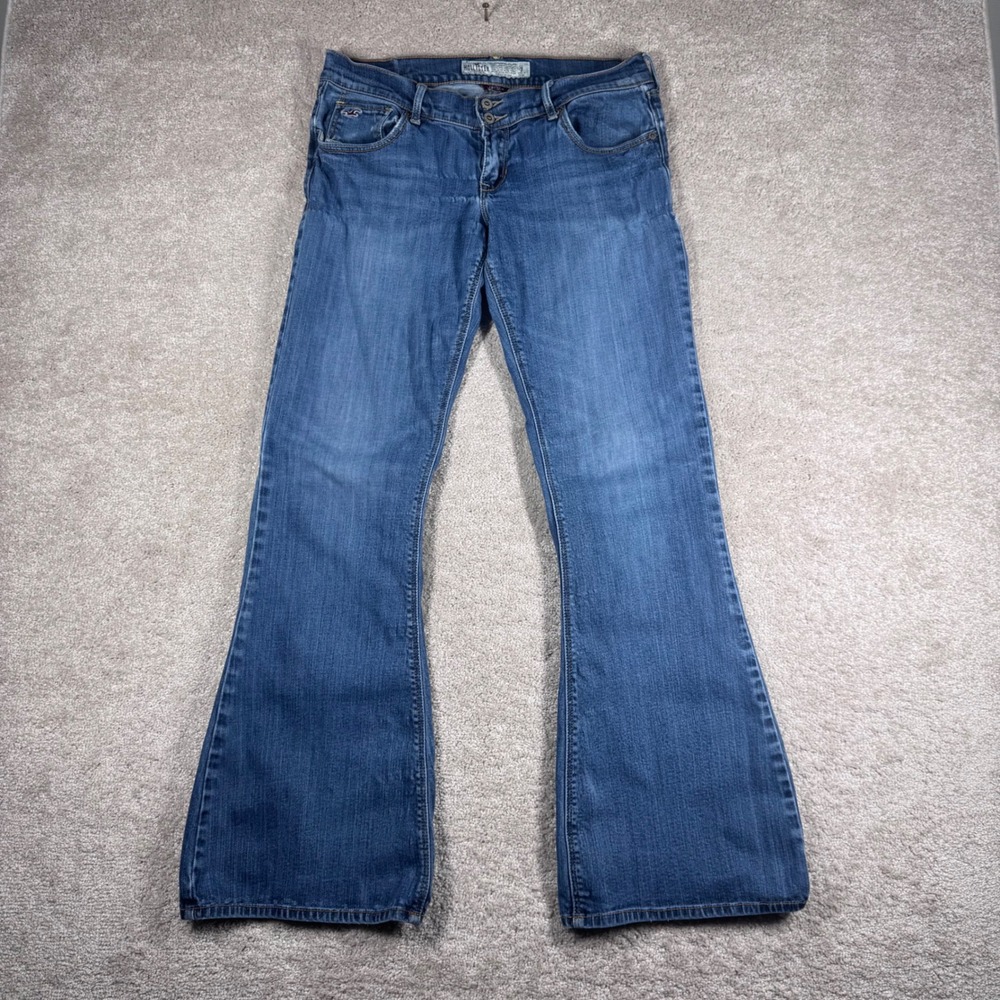 Hollister Low Rise Flare Jeans Medium Wash Blue Embroidered‎ Pockets 7 Stretch